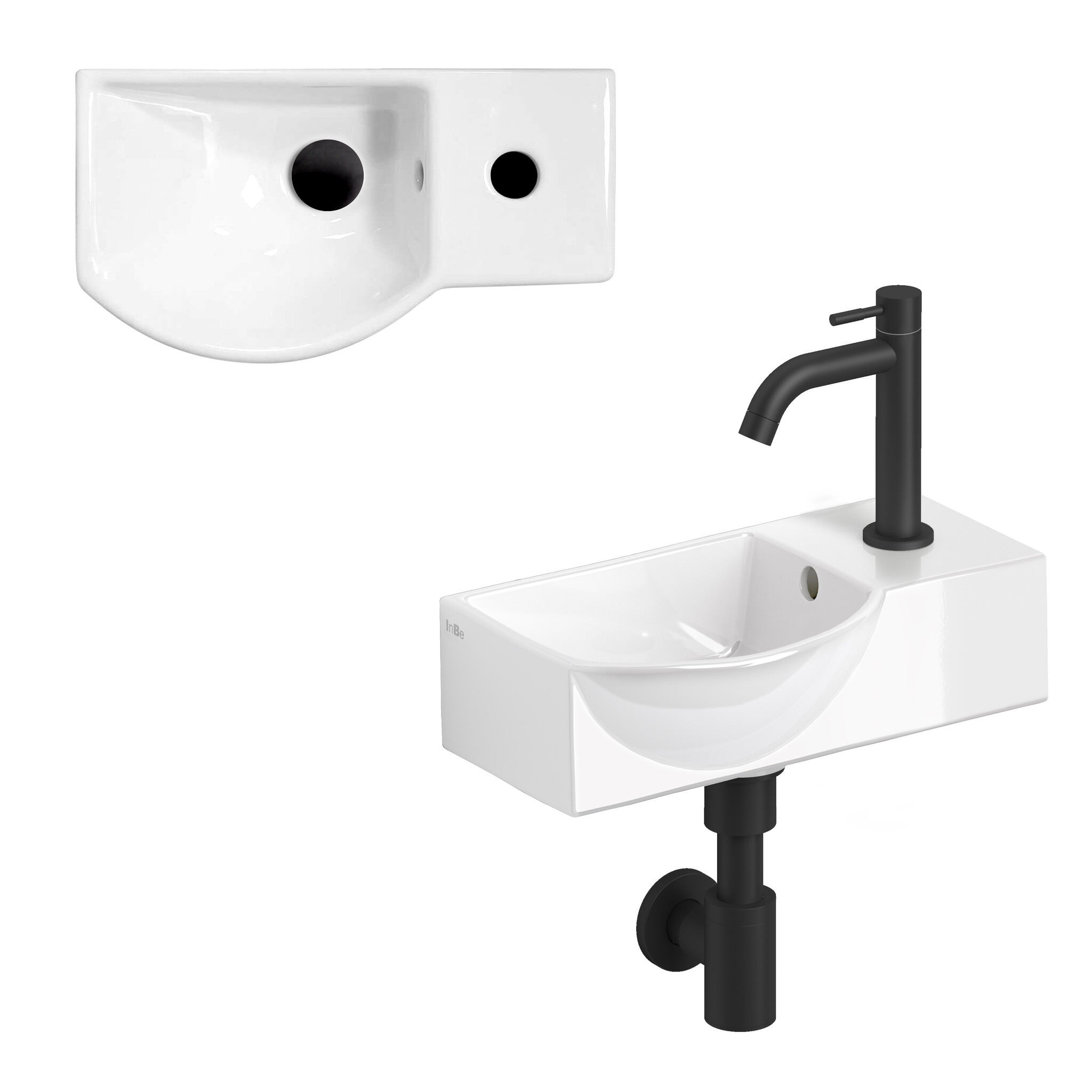 InBe InBe hand basin set 8, with hand basin, tap, drain and trap, white ceramics and matt black