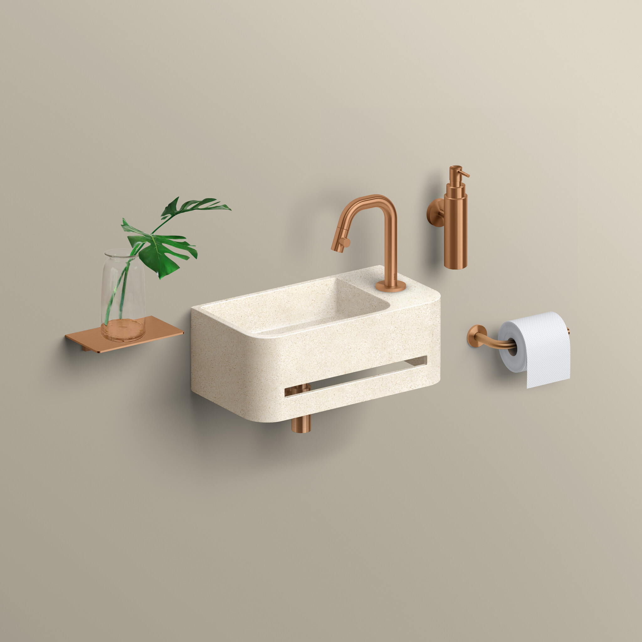 InBe  9 handbasin 43cm, with towel holder, beige Microrazzo concrete, with tap hole right, with closable drain with Microrazzo cover