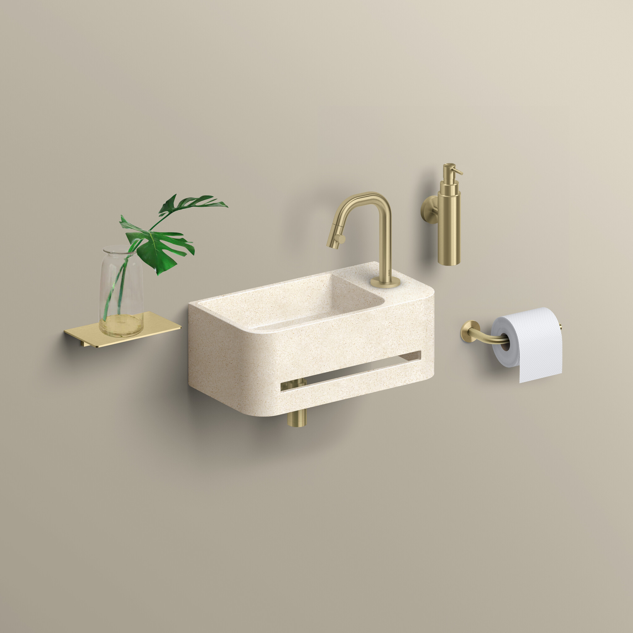 InBe 9 fontein 43cm, met handdoekhouder, beige Microrazzo beton, met kraangat rechts, met afsluitbare afvoerplug met Microrazzo cover.