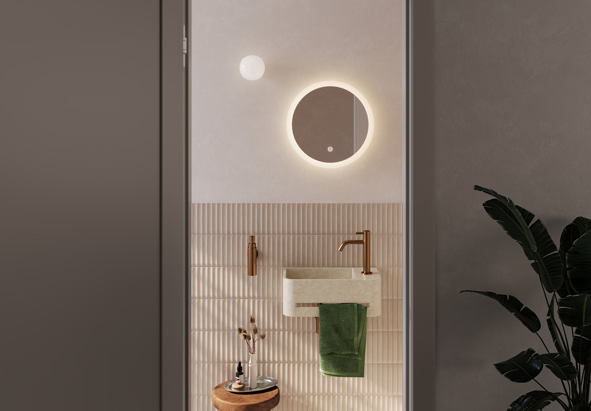 InBe 9 fontein 43cm, met handdoekhouder, beige Microrazzo beton, met kraangat rechts, met afsluitbare afvoerplug met Microrazzo cover.