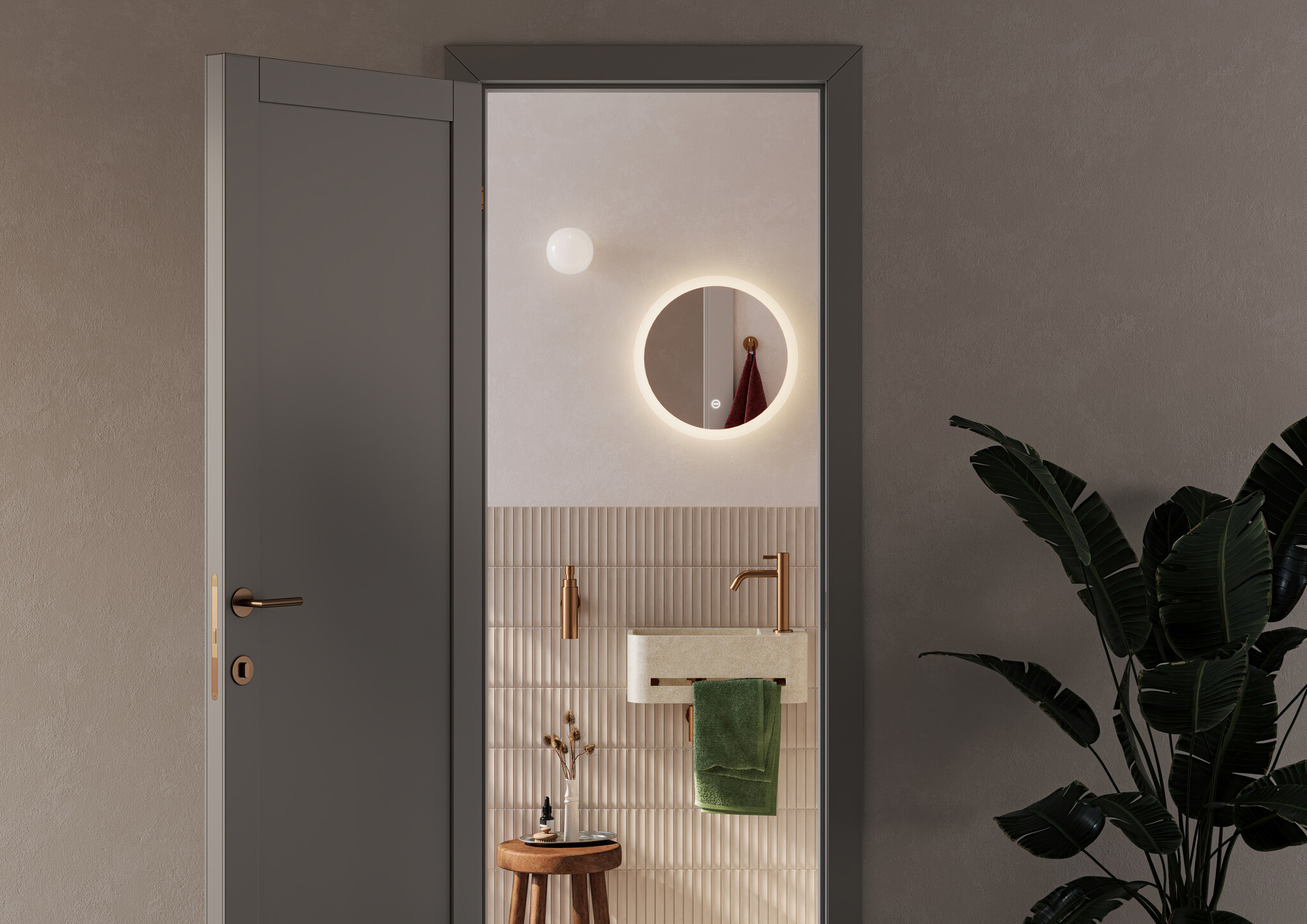 InBe  9 handbasin 43cm, with towel holder, beige Microrazzo concrete, with tap hole right, with closable drain with Microrazzo cover