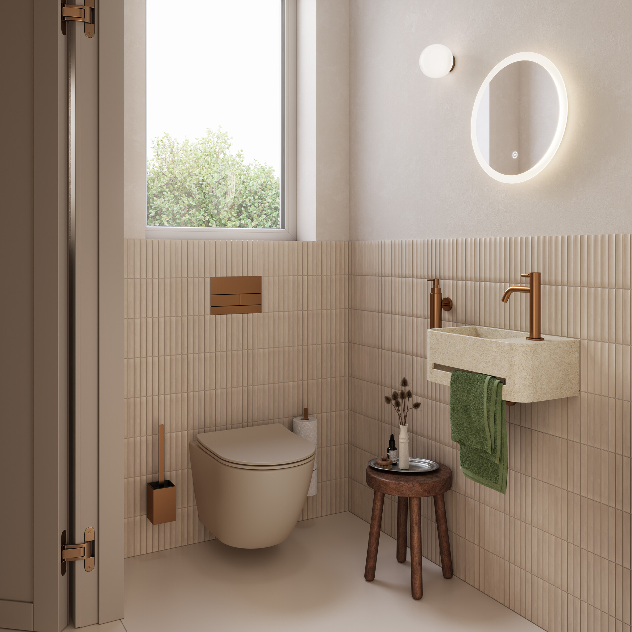 InBe 9 lave-mains 43cm, avec porte-serviette, beige Microrazzo béton, avec trou pour robinet à droîte, avec bonde fermable avec couvercle en Microrazzo