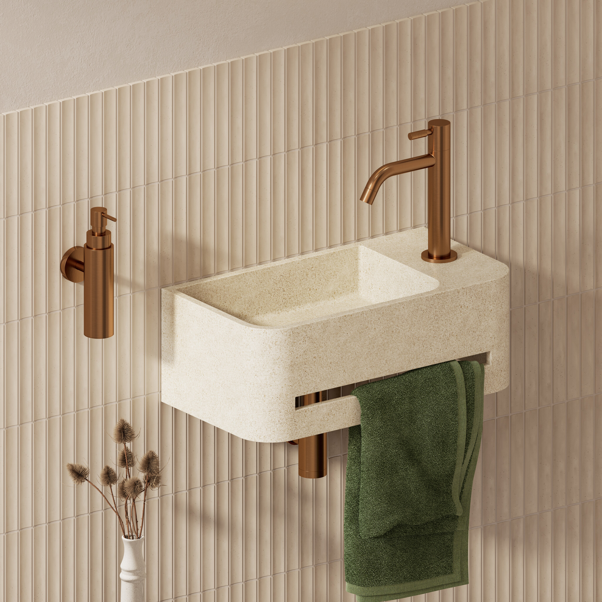 InBe  9 handbasin 43cm, with towel holder, beige Microrazzo concrete, with tap hole right, with closable drain with Microrazzo cover