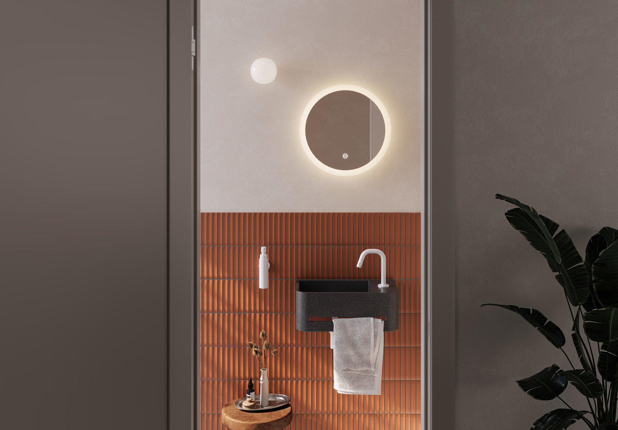 InBe 9 fontein 43cm, met handdoekhouder, antraciet Microrazzo beton, met kraangat rechts, met afsluitbare afvoerplug met Microrazzo cover. - Copy