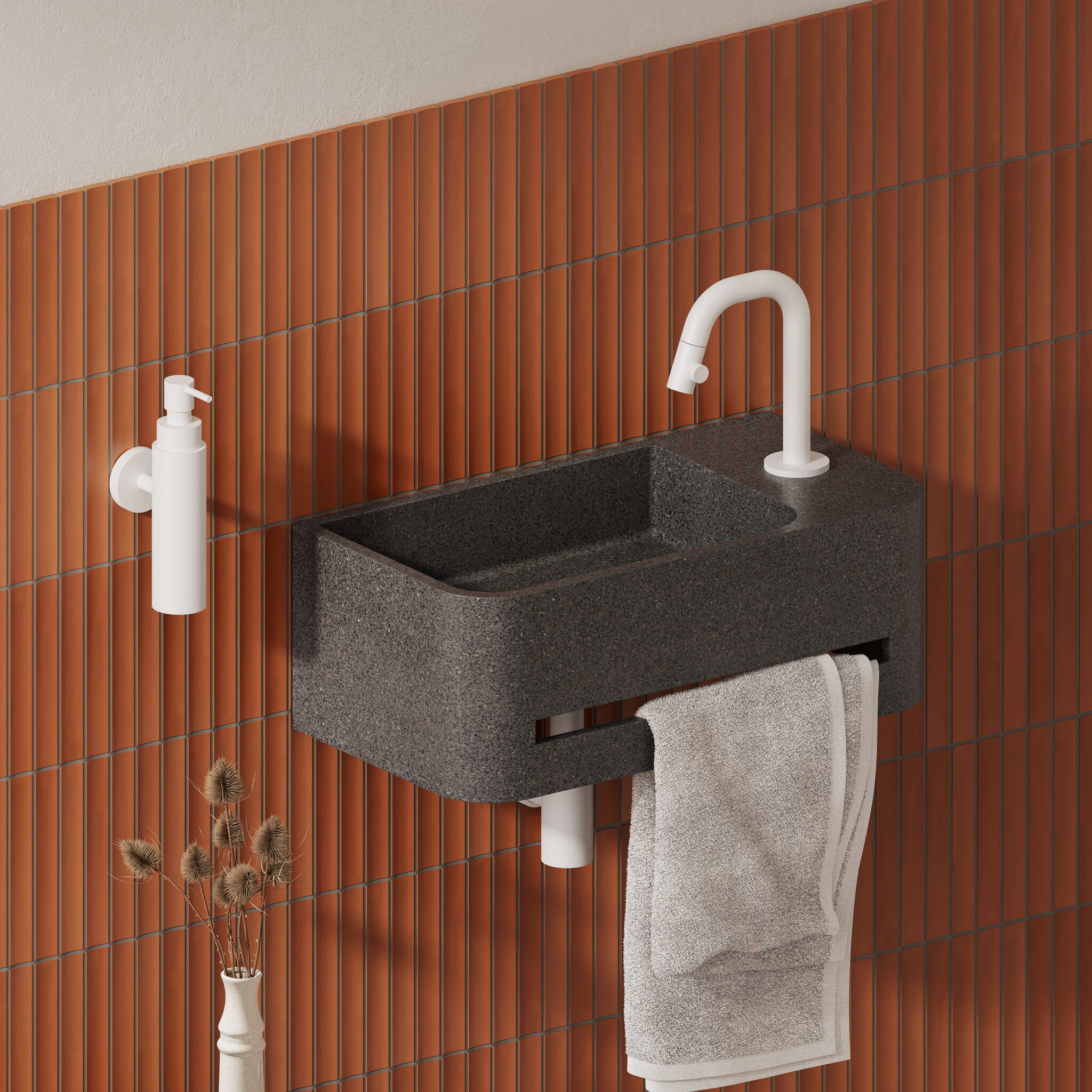 InBe  9 handbasin 43cm, with towel holder, anthracite Microrazzo concrete, with tap hole right, with closable drain with Microrazzo cover - Copy