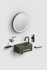 InBe 9 fontein 43cm, met handdoekhouder, antraciet Microrazzo beton, met kraangat rechts, met afsluitbare afvoerplug met Microrazzo cover. - Copy