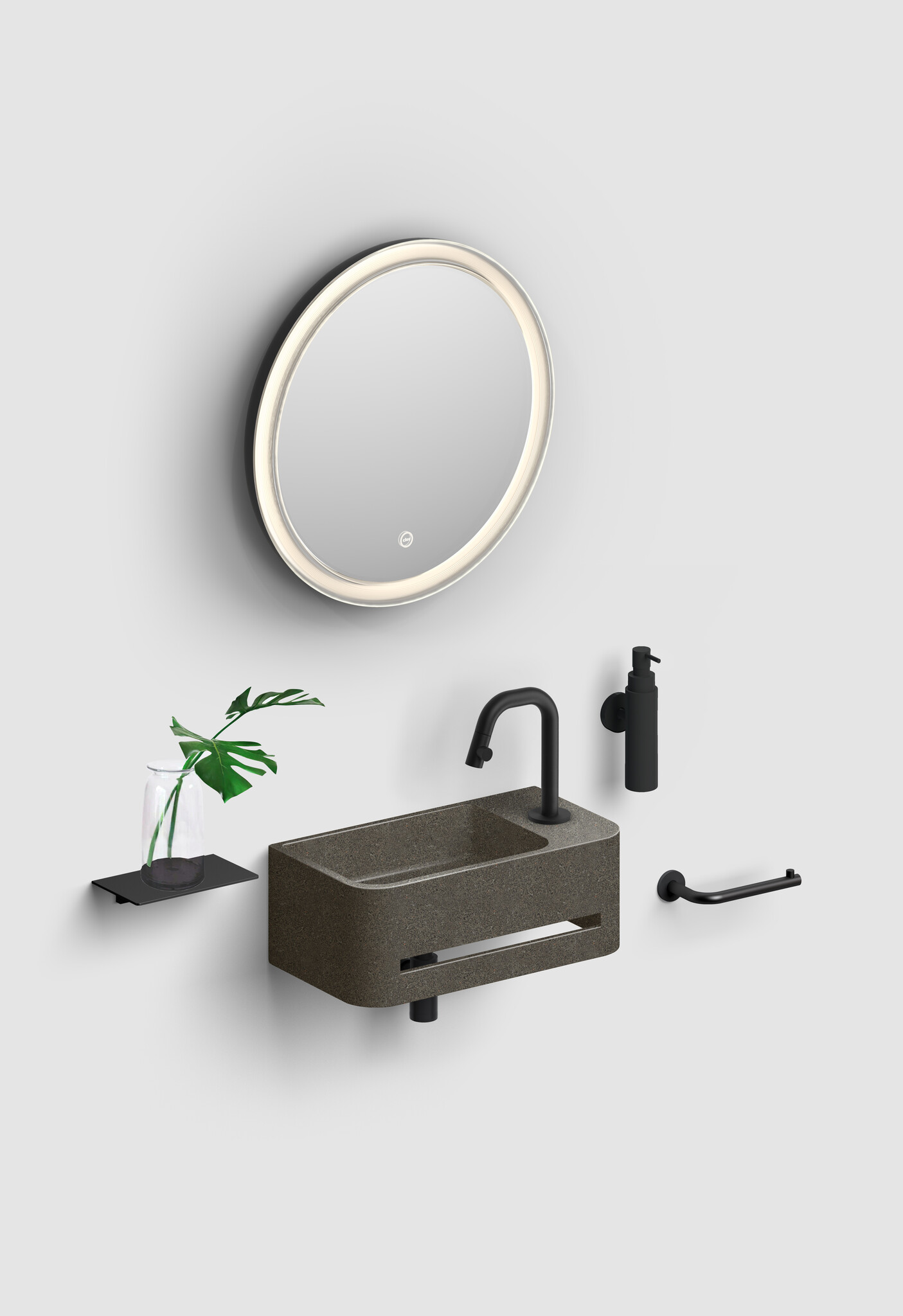 InBe 9 lave-mains 43cm, avec porte-serviette, anthracite Microrazzo béton, avec trou pour robinet à droîte, avec bonde fermable avec couvercle en Microrazzo - Copy