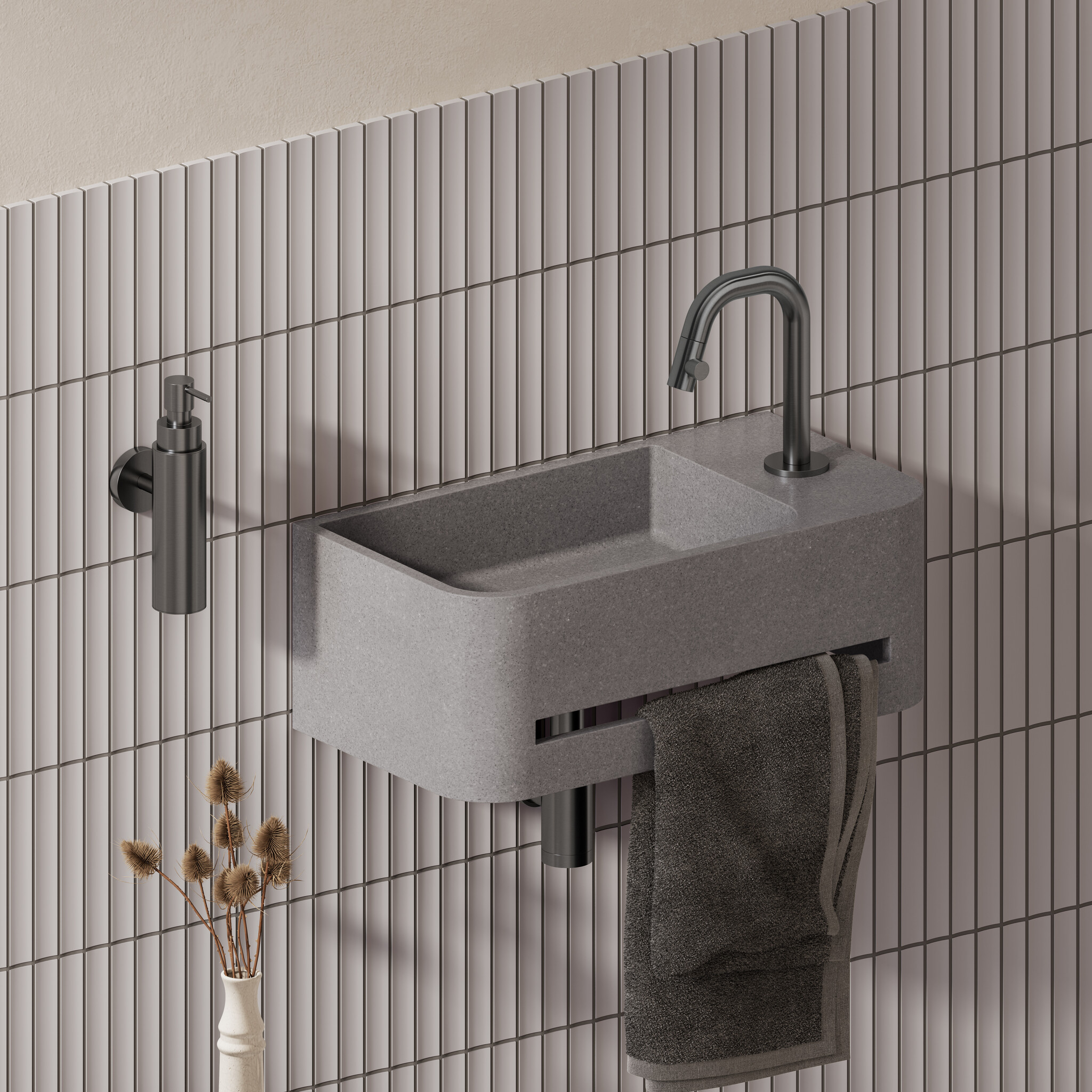 InBe 9 lave-mains 43cm, avec porte-serviette, gris Microrazzo béton, avec trou pour robinet à droîte, avec bonde fermable avec couvercle en Microrazzo - Copy