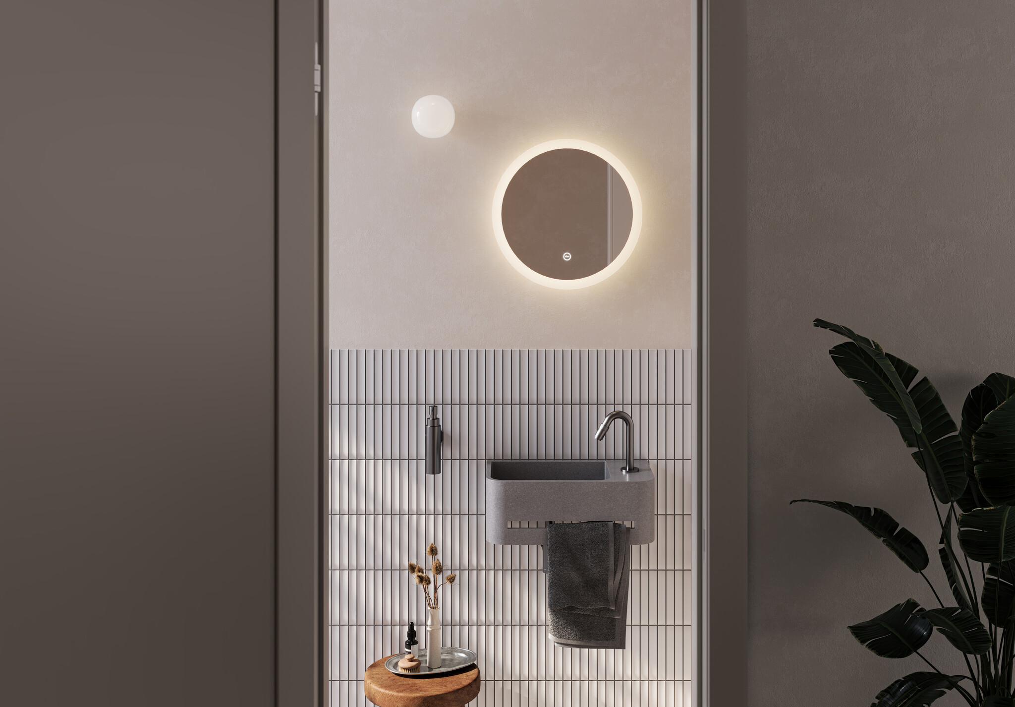 InBe 9 fontein 43cm, met handdoekhouder, grijs Microrazzo beton, met kraangat rechts, met afsluitbare afvoerplug met Microrazzo cover. - Copy