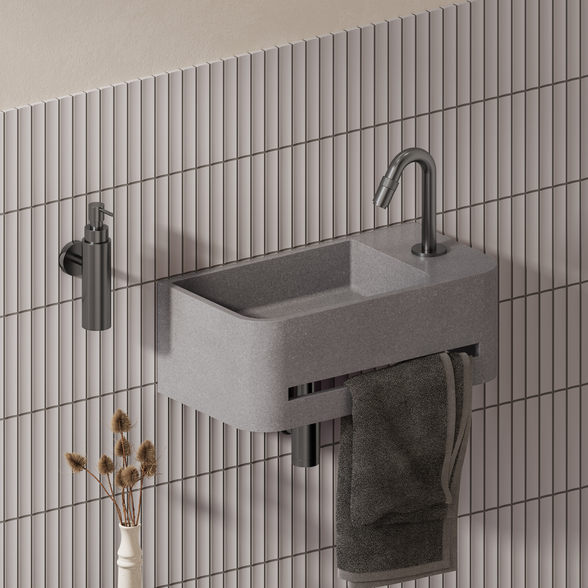 InBe 9 lave-mains 43cm, avec porte-serviette, gris Microrazzo béton, avec trou pour robinet à droîte, avec bonde fermable avec couvercle en Microrazzo - Copy