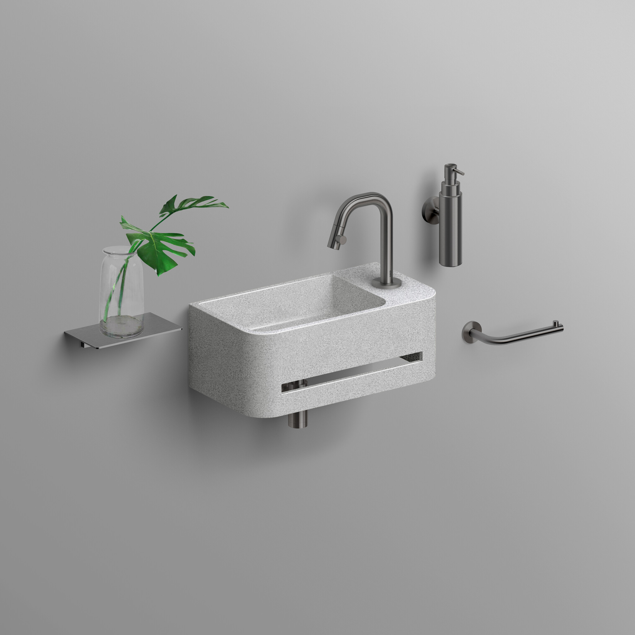 InBe 9 lave-mains 43cm, avec porte-serviette, gris Microrazzo béton, avec trou pour robinet à droîte, avec bonde fermable avec couvercle en Microrazzo - Copy