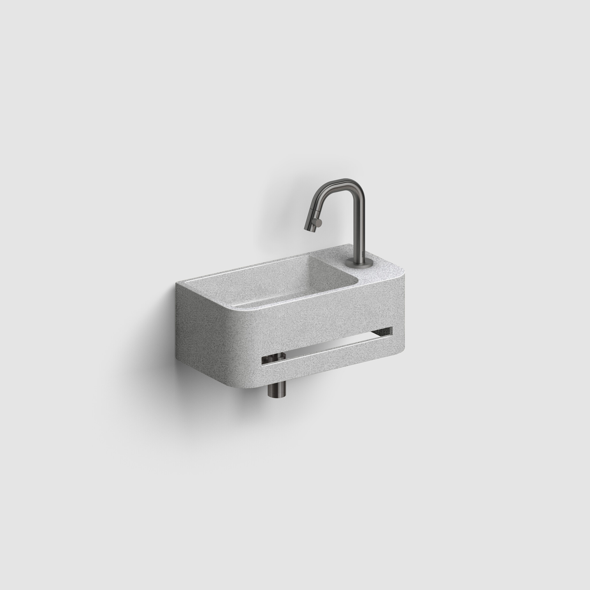 InBe 9 lave-mains 43cm, avec porte-serviette, gris Microrazzo béton, avec trou pour robinet à droîte, avec bonde fermable avec couvercle en Microrazzo - Copy