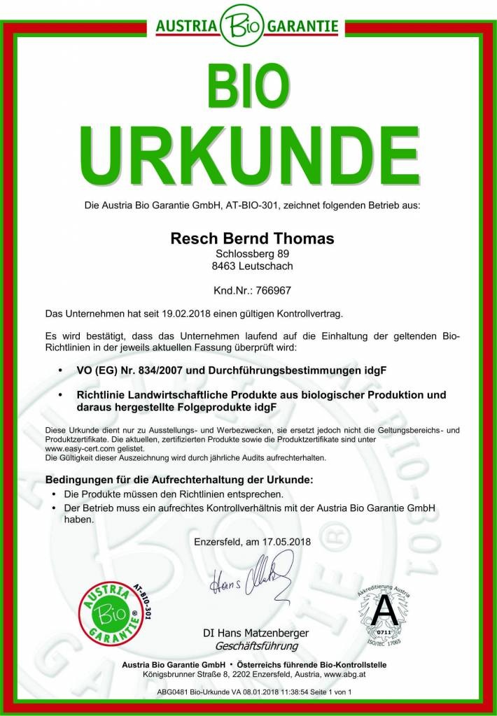 RESCH BIO Kürbiskernöl (AT BIO 301) 1ltr. Glasflasche