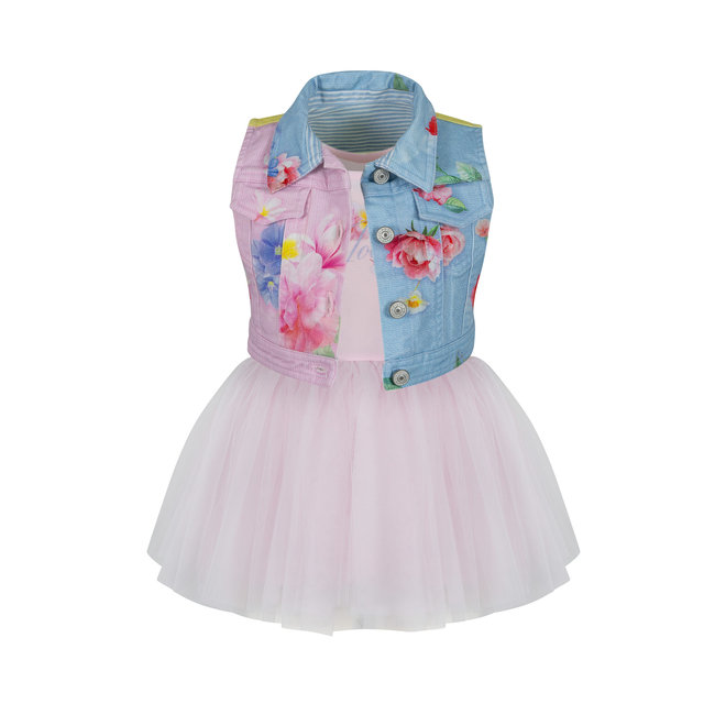LAPIN HOUSE Girls Pink Tulle Dress & Floral Denim Jacket Set - Gilet