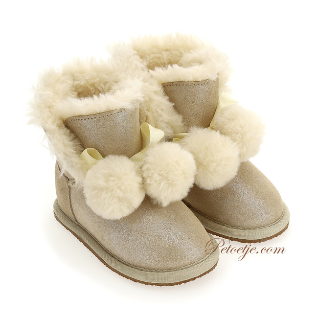 Baby Meisjes Beige Wol Gevoerde Laarzen Pom - Petoetje