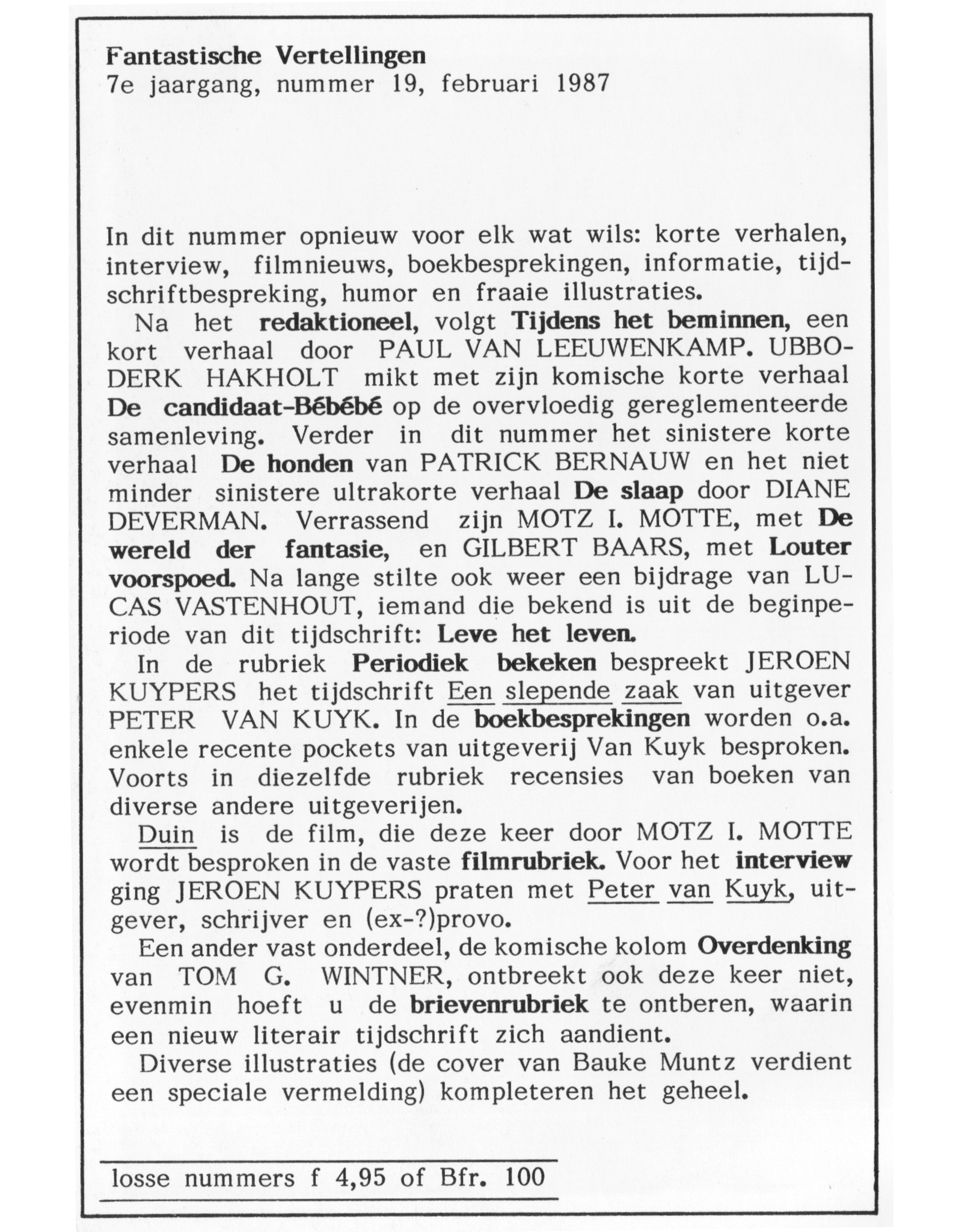 Fantastische Vertellingen, nr. 19, jrg 7, februari 1987