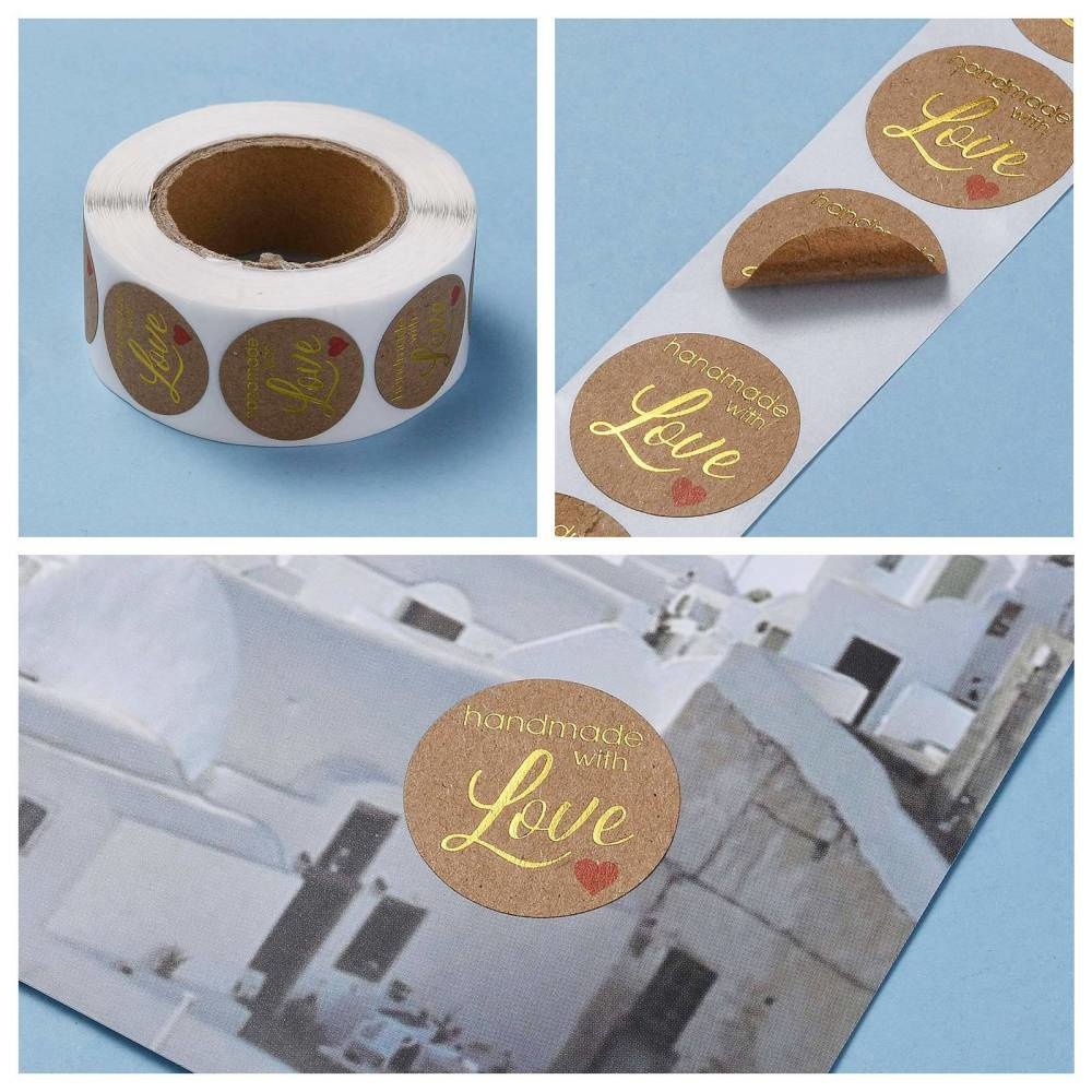 Sluitstickers - Handmade with Love (gouden tekst) - rol 500 stuks