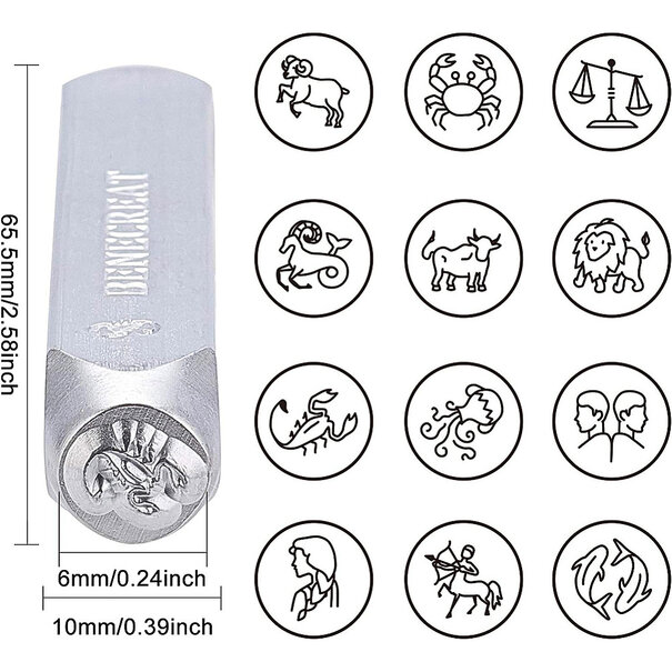 stempelset – 12-delige dierenriem stempeltool (platinakleur)