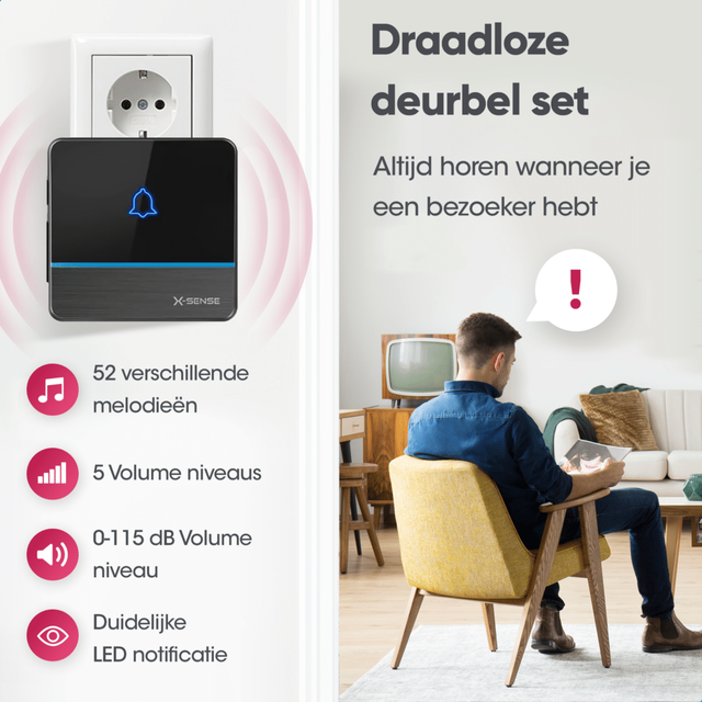 X-Sense WD1C2NB Draadloze Deurbel met 1 ontvanger – Zwart