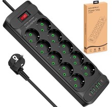 Noverna Stekkerdoos met Schakelaar - 16-voudig - Stekkerdoos met USB - 2 meter - Overspanningsbeveiliging - Zwart