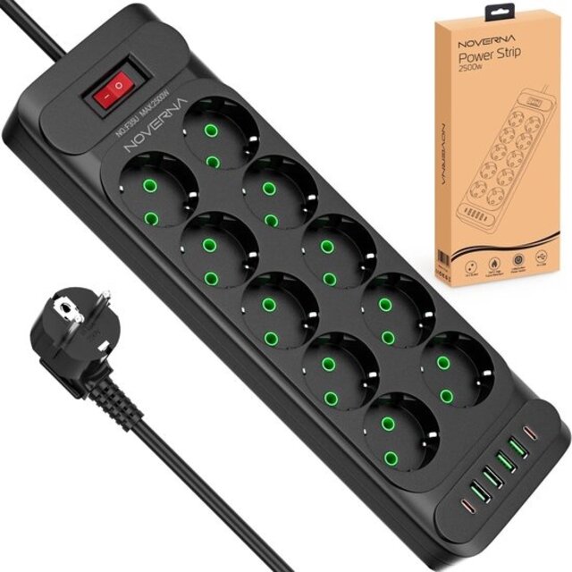 Noverna Stekkerdoos met Schakelaar - 16-voudig - Stekkerdoos met USB - 2 meter - Overspanningsbeveiliging - Zwart