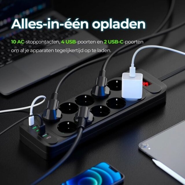 Noverna Stekkerdoos met Schakelaar - 16-voudig - Stekkerdoos met USB - 2 meter - Overspanningsbeveiliging - Zwart