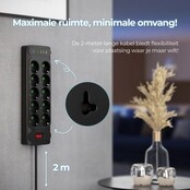 Noverna Stekkerdoos met Schakelaar - 16-voudig - Stekkerdoos met USB - 2 meter - Overspanningsbeveiliging - Zwart