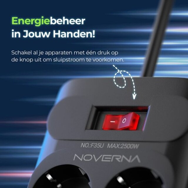 Noverna Stekkerdoos met Schakelaar - 16-voudig - Stekkerdoos met USB - 2 meter - Overspanningsbeveiliging - Zwart