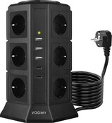 Voomy Toren 20W USB-C Stekkerdoos - 12 Stopcontacten - 5 USB Poorten - 2 USB-C Poorten Snellader - 2M Verlengsnoer - 4000W - Met Schakelaar - Zwart