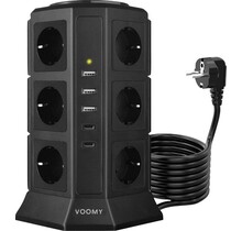 Voomy Toren 20W USB-C Stekkerdoos - 12 Stopcontacten - 5 USB Poorten - 2 USB-C Poorten Snellader - 2M Verlengsnoer - 4000W - Met Schakelaar - Zwart