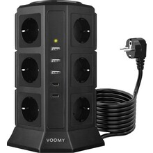 Voomy Toren 20W USB-C Stekkerdoos - 12 Stopcontacten - 5 USB Poorten - 2 USB-C Poorten Snellader - 2M Verlengsnoer - 4000W - Met Schakelaar - Zwart