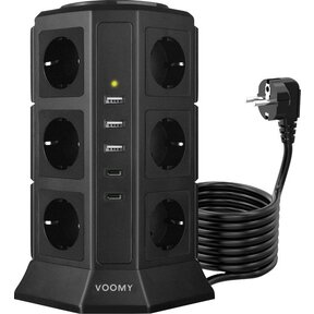Voomy Toren 20W USB-C Stekkerdoos - 12 Stopcontacten - 5 USB Poorten - 2 USB-C Poorten Snellader - 2M Verlengsnoer - 4000W - Met Schakelaar - Zwart