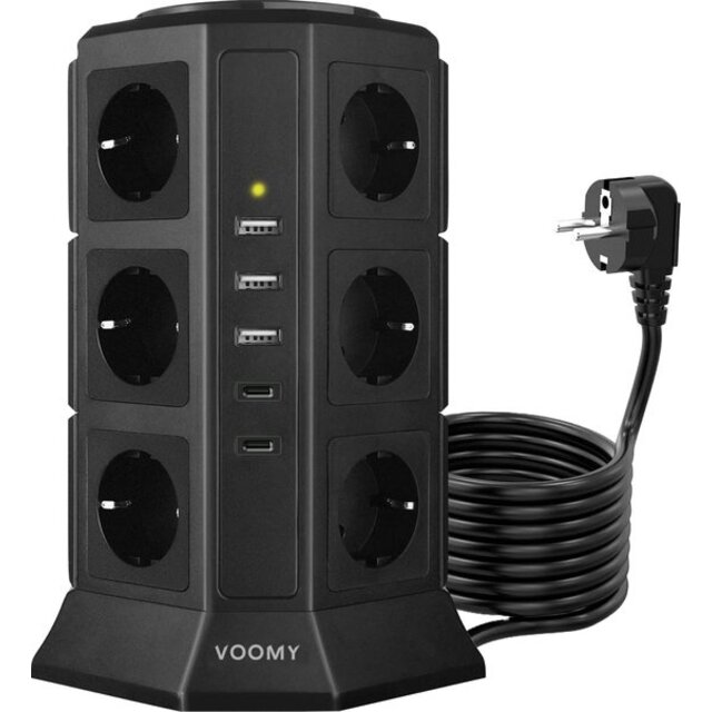 Voomy Toren 20W USB-C Stekkerdoos - 12 Stopcontacten - 5 USB Poorten - 2 USB-C Poorten Snellader - 2M Verlengsnoer - 4000W - Met Schakelaar - Zwart