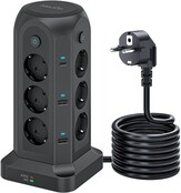 Voomy Toren 20W USB-C Stekkerdoos - 12 Stopcontacten - 5 USB Poorten - 2 USB-C Poorten Snellader - 2M Verlengsnoer - 4000W - Met Schakelaar - Zwart