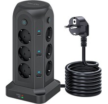 Voomy Toren 20W USB-C Stekkerdoos - 12 Stopcontacten - 5 USB Poorten - 2 USB-C Poorten Snellader - 2M Verlengsnoer - 4000W - Met Schakelaar - Zwart