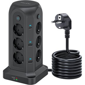 Voomy Toren 20W USB-C Stekkerdoos - 12 Stopcontacten - 5 USB Poorten - 2 USB-C Poorten Snellader - 2M Verlengsnoer - 4000W - Met Schakelaar - Zwart