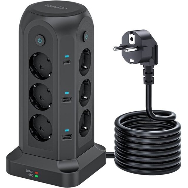 Voomy Toren 20W USB-C Stekkerdoos - 12 Stopcontacten - 5 USB Poorten - 2 USB-C Poorten Snellader - 2M Verlengsnoer - 4000W - Met Schakelaar - Zwart