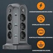 Voomy Toren 20W USB-C Stekkerdoos - 12 Stopcontacten - 5 USB Poorten - 2 USB-C Poorten Snellader - 2M Verlengsnoer - 4000W - Met Schakelaar - Zwart