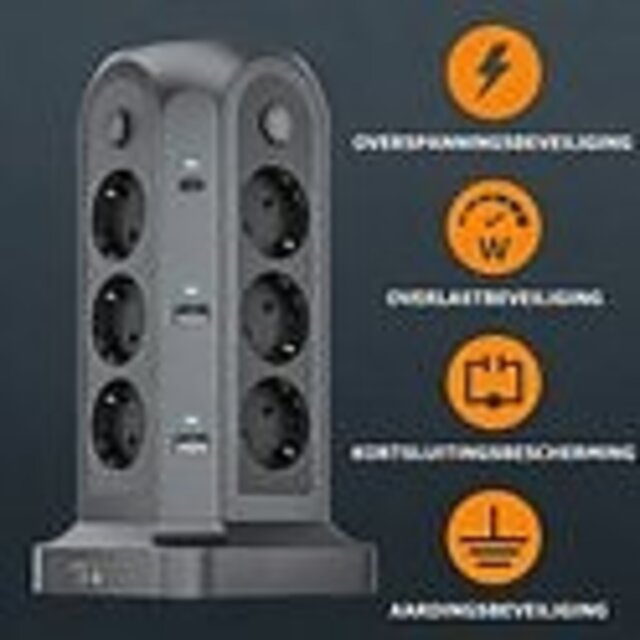 Voomy Toren 20W USB-C Stekkerdoos - 12 Stopcontacten - 5 USB Poorten - 2 USB-C Poorten Snellader - 2M Verlengsnoer - 4000W - Met Schakelaar - Zwart