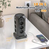 Voomy Toren 20W USB-C Stekkerdoos - 12 Stopcontacten - 5 USB Poorten - 2 USB-C Poorten Snellader - 2M Verlengsnoer - 4000W - Met Schakelaar - Zwart