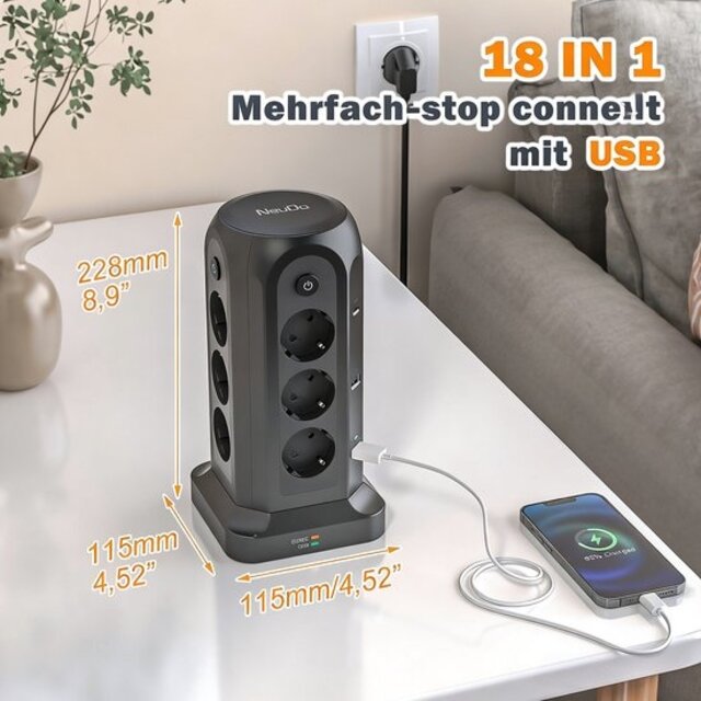 Voomy Toren 20W USB-C Stekkerdoos - 12 Stopcontacten - 5 USB Poorten - 2 USB-C Poorten Snellader - 2M Verlengsnoer - 4000W - Met Schakelaar - Zwart