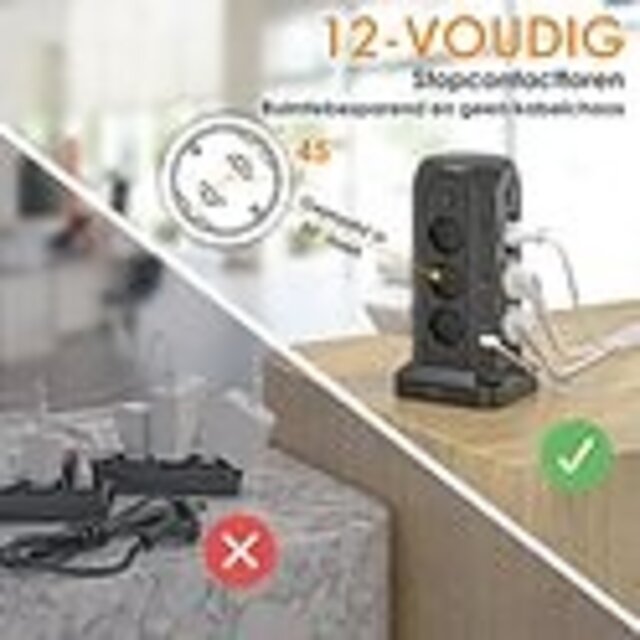 Voomy Toren 20W USB-C Stekkerdoos - 12 Stopcontacten - 5 USB Poorten - 2 USB-C Poorten Snellader - 2M Verlengsnoer - 4000W - Met Schakelaar - Zwart