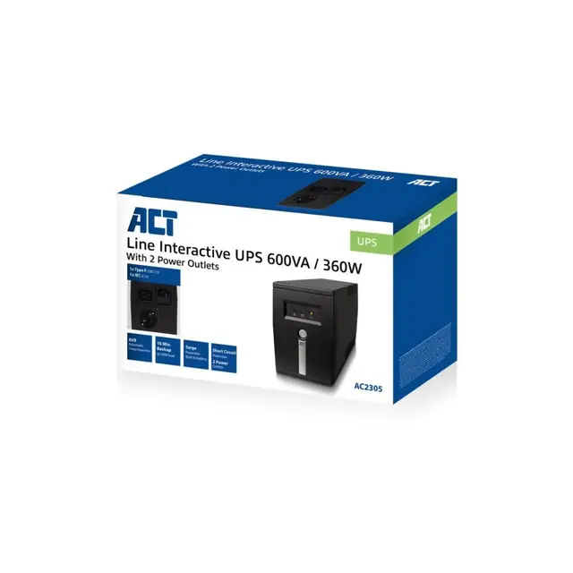 ACT AC2305 Line-Interactive UPS | 600 VA | 2 Stopcontacten (1x C13, 1x Type F) | AVR Spanningstabilisatie | Bescherming tegen Stroomstoringen