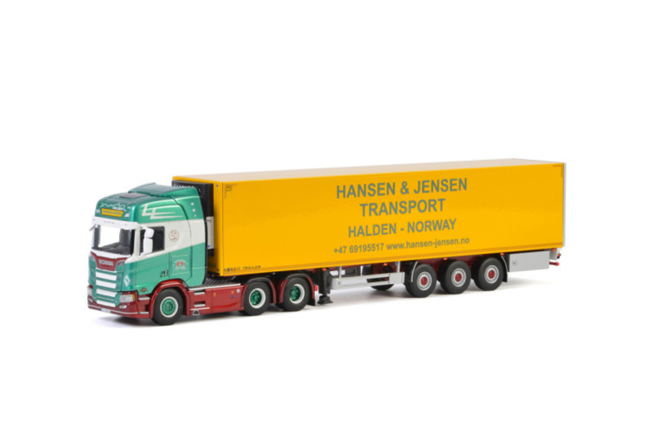Scania Scania R Highline CR20H 6x2 Tag Axle + Reefer Semitrailer 3 axle 'Hansen & Jensen Transport' - 1:50 - WSI Models Scania Scania R Highline CR20H 6x2 Tag Axle + Reefer Semitrailer 3 axle 'Hansen & Jensen Transport' - 1:50 - WSI Models