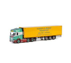 Scania Scania R Highline CR20H 6x2 Tag Axle + Reefer Semitrailer 3 axle 'Hansen & Jensen Transport' - 1:50 - WSI Models Scania Scania R Highline CR20H 6x2 Tag Axle + Reefer Semitrailer 3 axle 'Hansen & Jensen Transport' - 1:50 - WSI Models