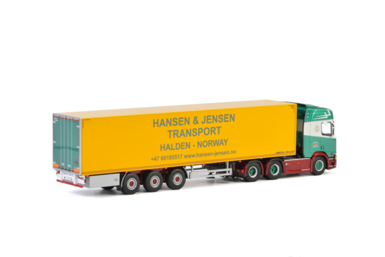 Scania Scania R Highline CR20H 6x2 Tag Axle + Reefer Semitrailer 3 axle 'Hansen & Jensen Transport' - 1:50 - WSI Models Scania Scania R Highline CR20H 6x2 Tag Axle + Reefer Semitrailer 3 axle 'Hansen & Jensen Transport' - 1:50 - WSI Models