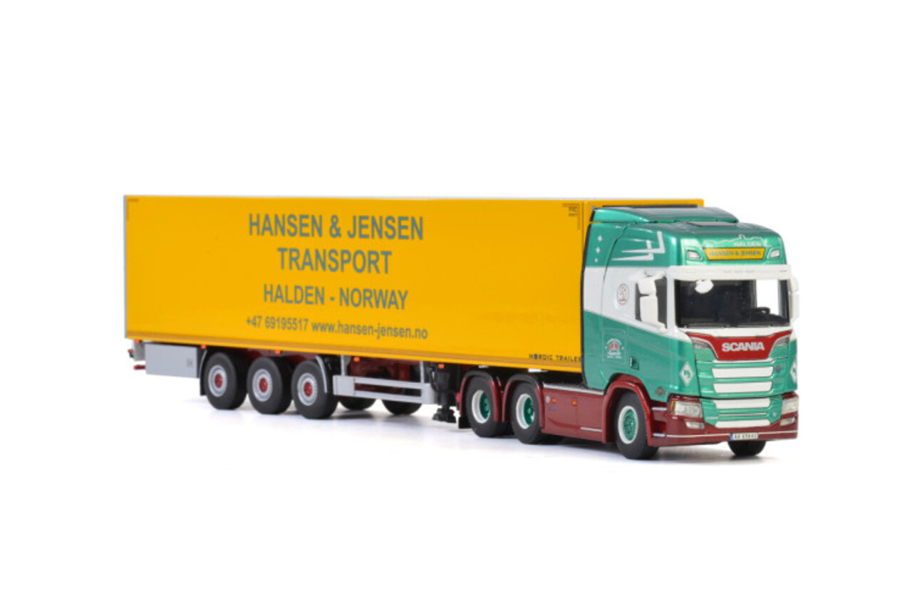 Scania Scania R Highline CR20H 6x2 Tag Axle + Reefer Semitrailer 3 axle 'Hansen & Jensen Transport' - 1:50 - WSI Models Scania Scania R Highline CR20H 6x2 Tag Axle + Reefer Semitrailer 3 axle 'Hansen & Jensen Transport' - 1:50 - WSI Models