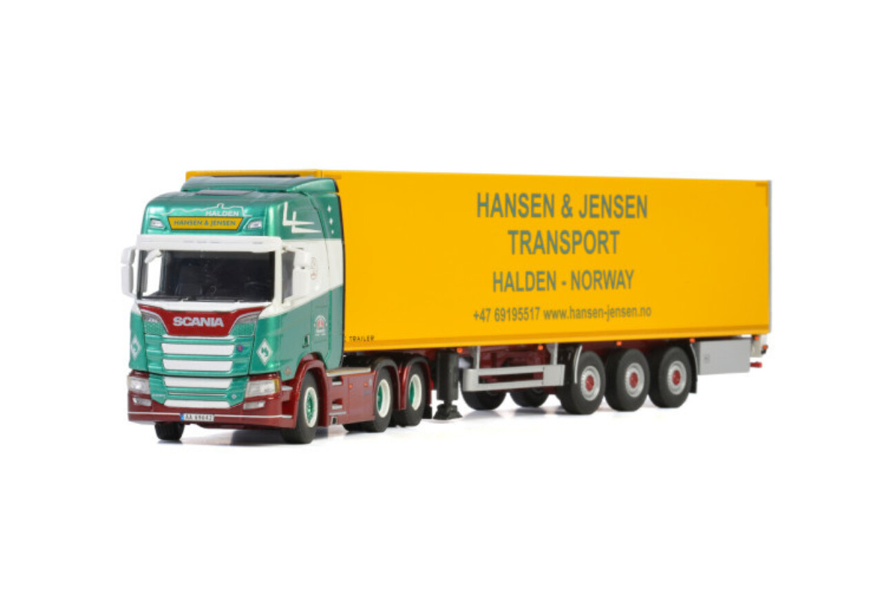 Scania Scania R Highline CR20H 6x2 Tag Axle + Reefer Semitrailer 3 axle 'Hansen & Jensen Transport' - 1:50 - WSI Models Scania Scania R Highline CR20H 6x2 Tag Axle + Reefer Semitrailer 3 axle 'Hansen & Jensen Transport' - 1:50 - WSI Models