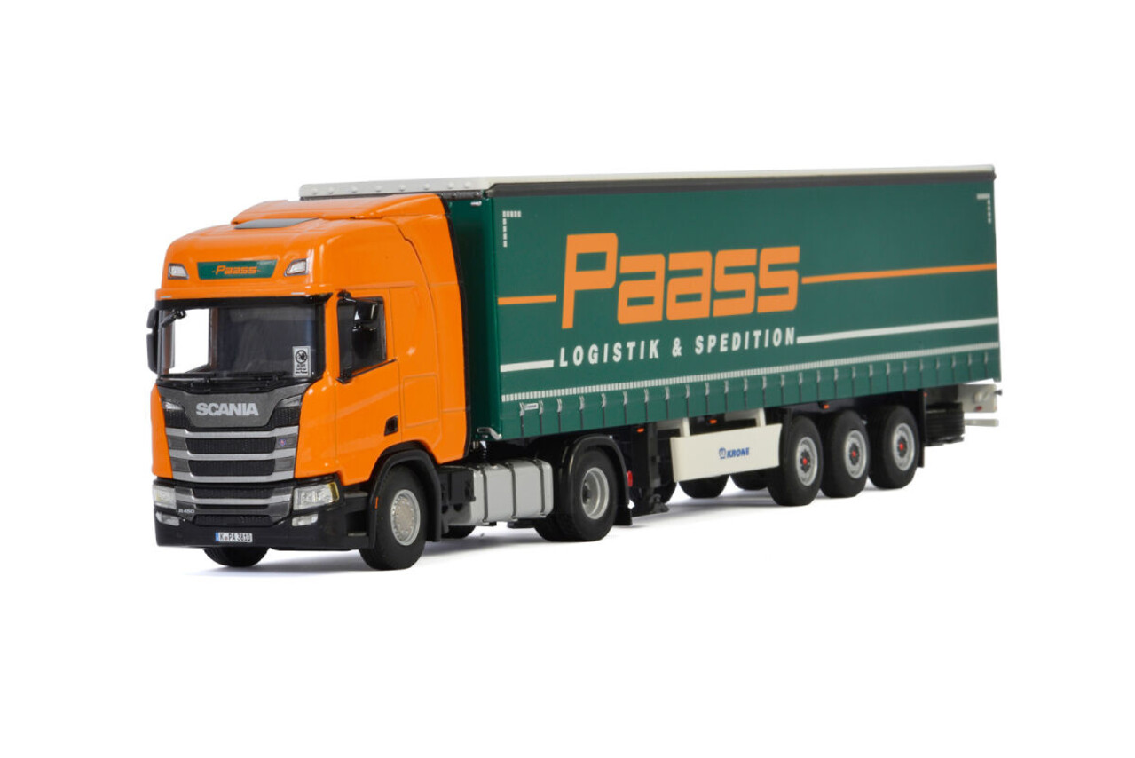 Scania Scania R Highline CR20H 4x2 + Curtainside Trailer 3 Axle 'Paass Logistik & Spedition' - 1:50 - WSI Models Scania Scania R Highline CR20H 4x2 + Curtainside Trailer 3 Axle 'Paass Logistik & Spedition' - 1:50 - WSI Models