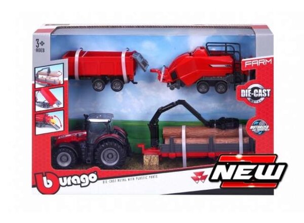 Massey Ferguson Massey Ferguson 8740S Tractor + Tipping Trailer + Baler Lifter +Tree Forwarder 2016 - 1:50 - Bburago Massey Ferguson Massey Ferguson 8740S Tractor + Tipping Trailer + Baler Lifter +Tree Forwarder 2016 - 1:50 - Bburago